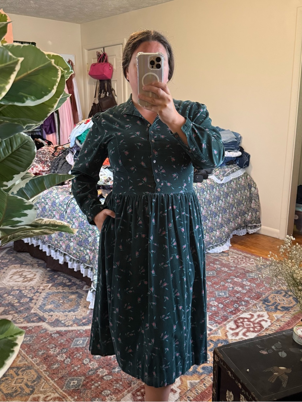Eddie Bauer twinge green floral corduroy midi dress